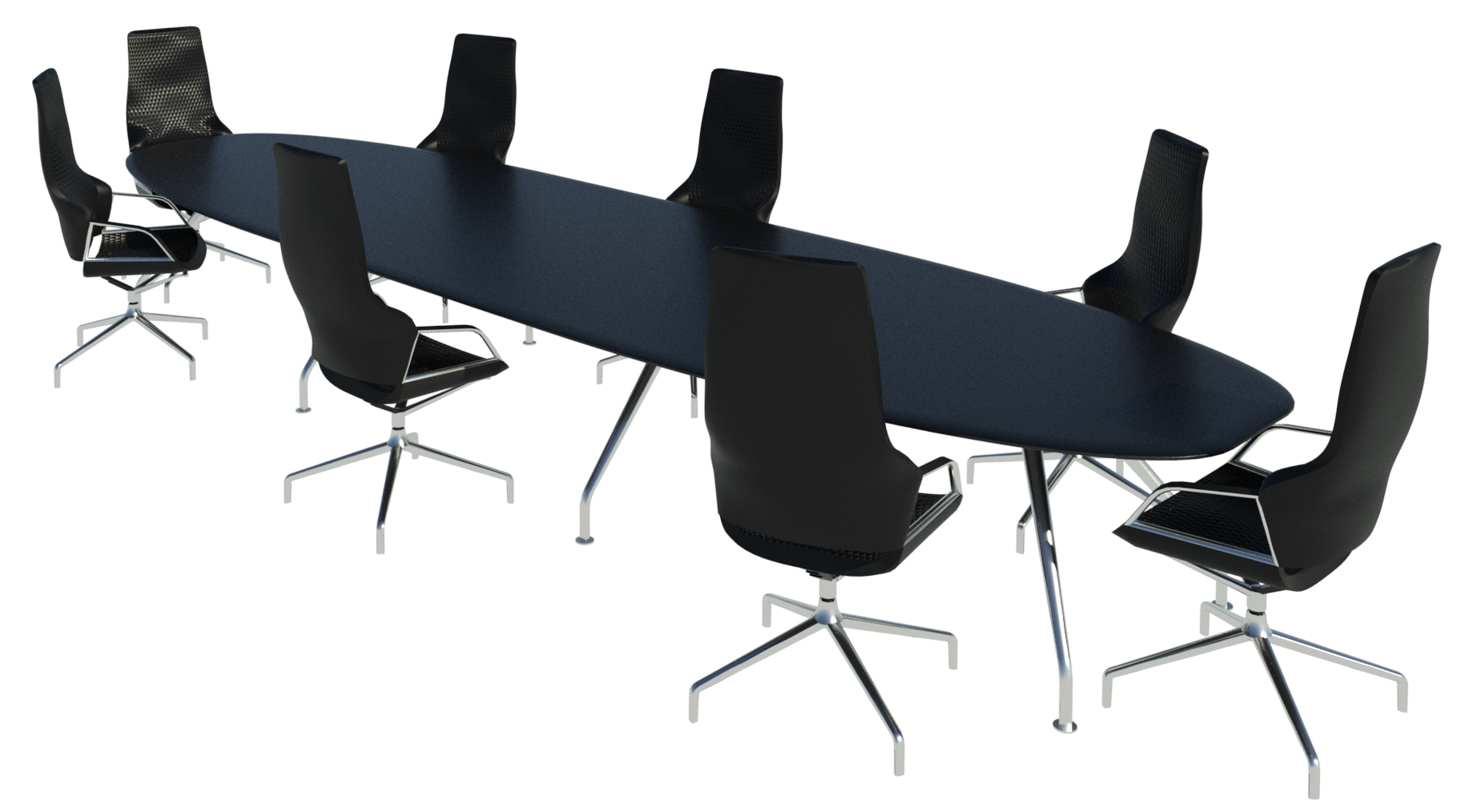 Graph Iconic chairs and modular table mock-up in all black and chrome legs